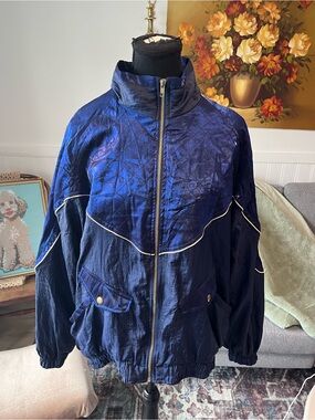 Women’s Vintage Navy Blue Shiny Tracksuit Windbreaker  Bomber Jacket Size XL-1X